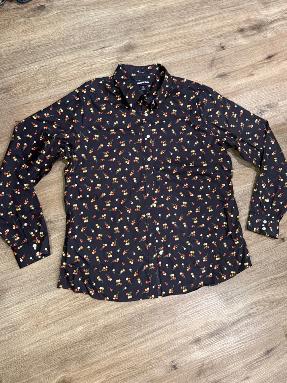 NWOT Lands' End Black Button-Down Shirt with Red and Yellow Floral Sprig Print